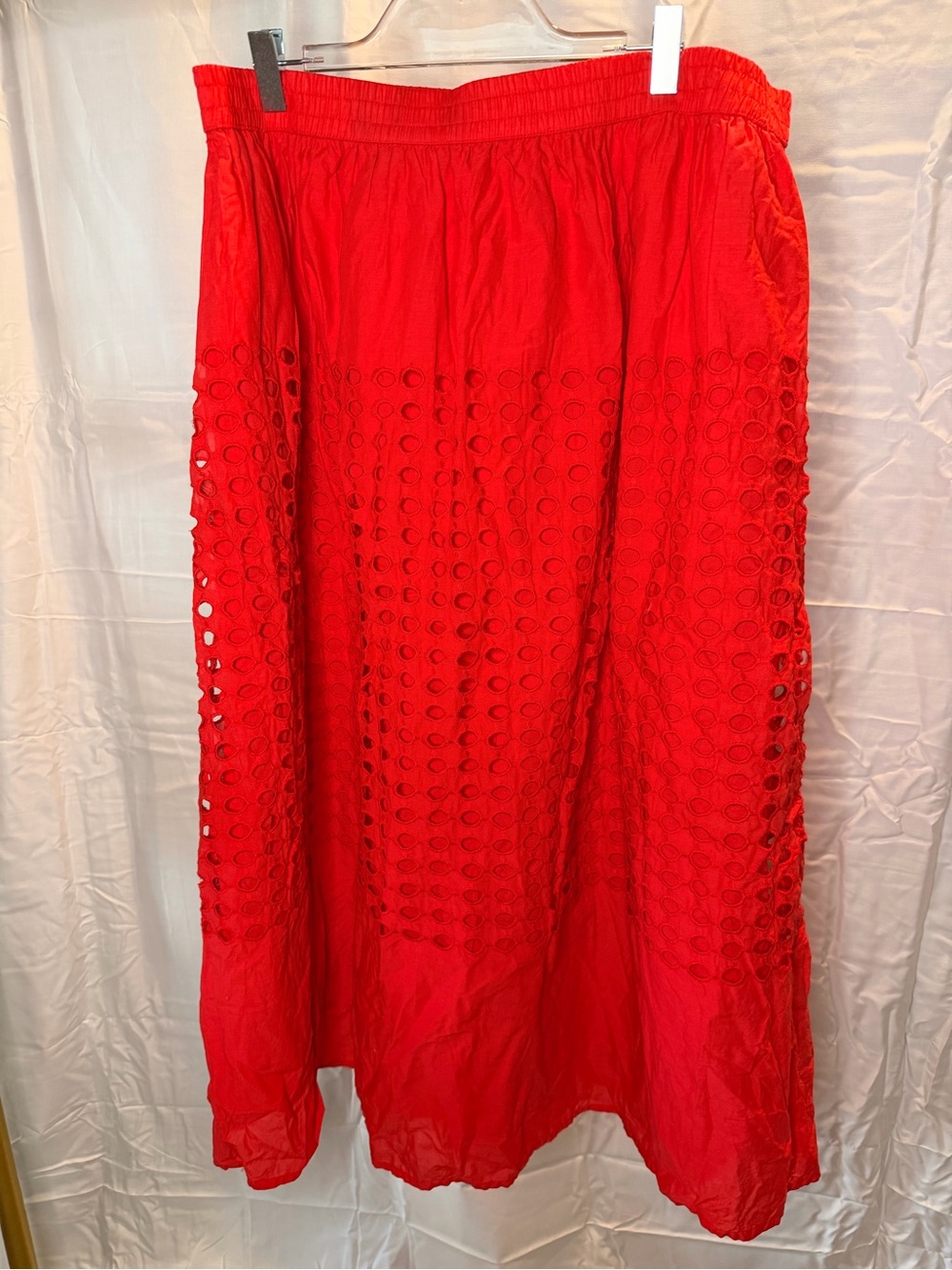 Women's Red Eyelet Maxi Skirt with Elastic Waist